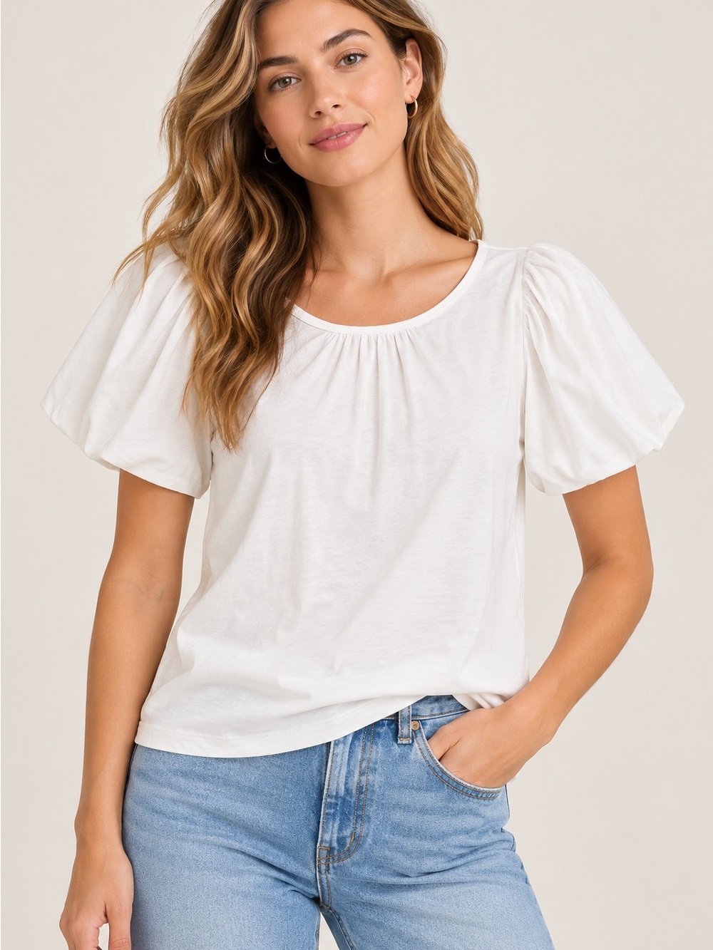 LOFT White Cotton Puff Sleeve Gathered Neck Top Size Small
